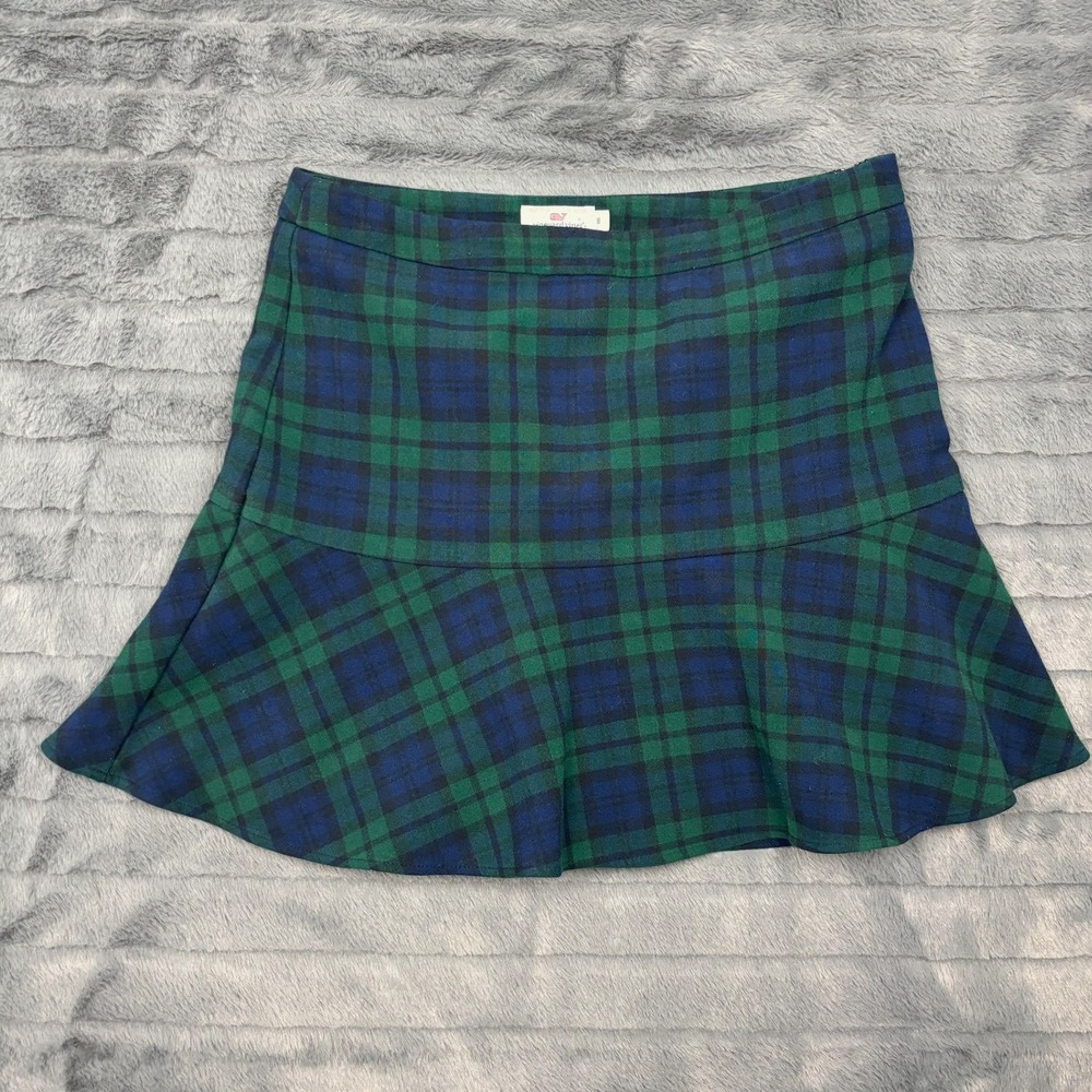 Vineyard Vines Black Watch Plaid Flounce Mini Skirt Blue Green Women Size 8